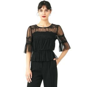 Forever 21 Top L Black Sheer Lace Mesh Ruched Whimsigoth Victorian Gothic Blouse